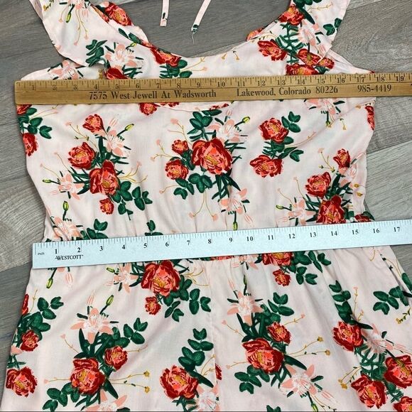 Roxy Cloud Floral Ruffle Open Back Romper Peach Pink Medium Sleeveless - Picture 15 of 15